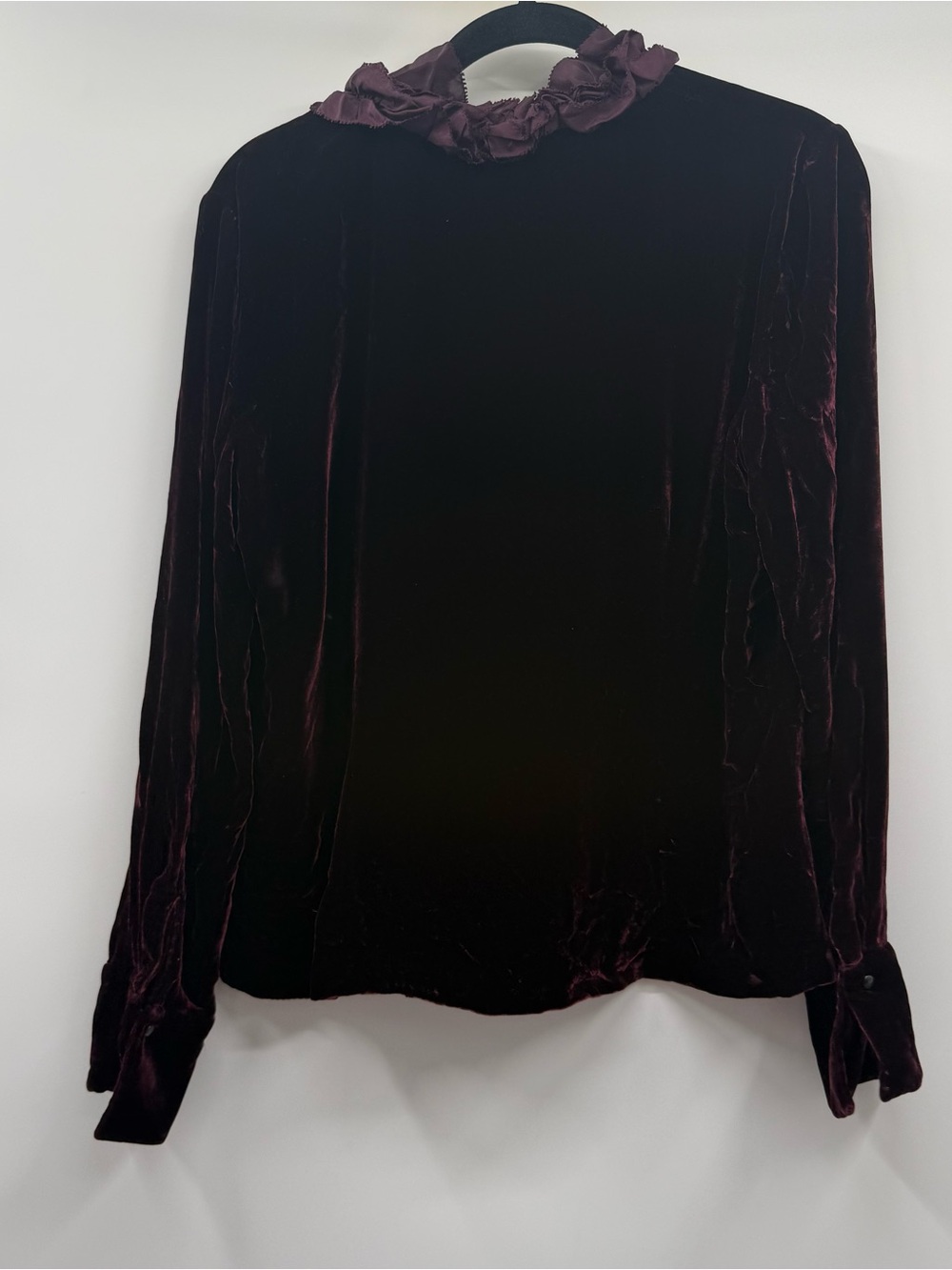 Ralph Lauren Velvet Ruffle Front Button-Down Shirt in Deep Plum - Picture 4 of 6